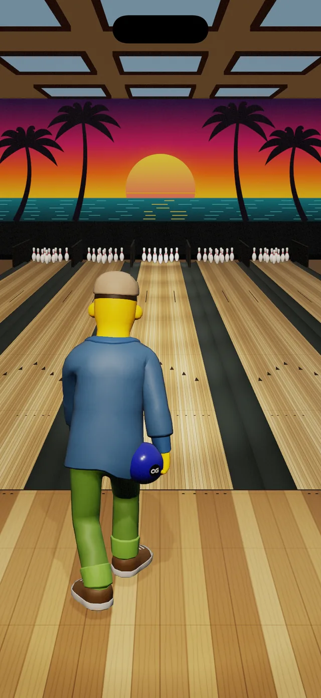 California bowling hall with palm trees and a sunset over the ocean